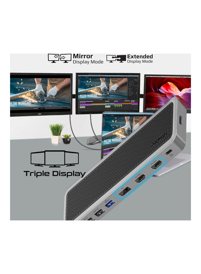 PROMATE - USB-C Hub 13 In 1 Multi-Display Hub With Dual 4K HDMI 4K Display Port 1000Mbps LAN 100W Power Delivery Aux SD TF Card Slot USB 3.0 Black - Image 1