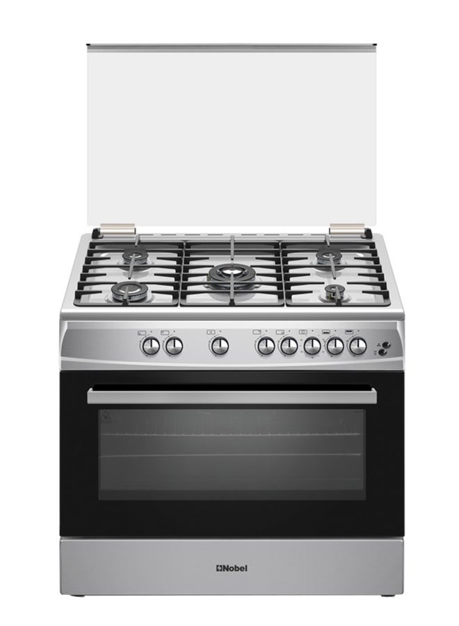 نوبل طباخ غاز 90 × 60، 5 شعلات غاز، فرن غاز وشواية غاز، 8 مقابض تحكم، زر إشعال يدوي، غطاء من الفولاذ المقاوم للصدأ، ضوء داخلي، 63 × 90 × 90 سم، فضي، صنع في تركيا 