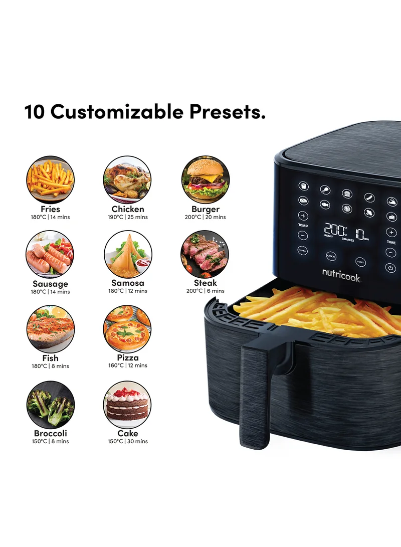 nutricook Air Fryer 2 Led One Touch Screen With 10 Presets, Preheat Celsius To Fahrenheit Conversion Auto Shut Off And Shake Reminder 5.5 L 1700 W AF205K Black