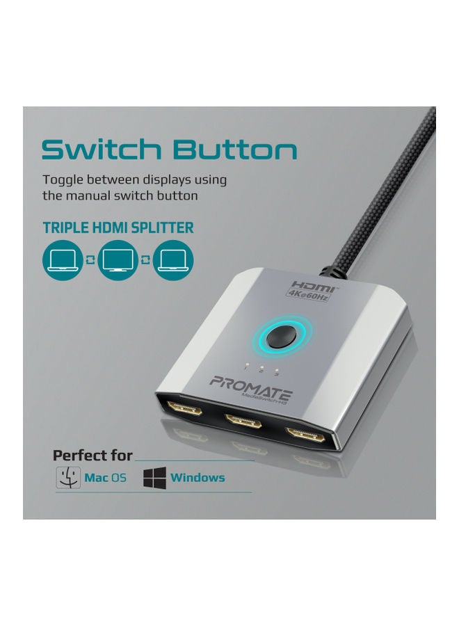 PROMATE 60Hz HD Output Triple HDMI Ports And Switch Button Silver  - Image 5