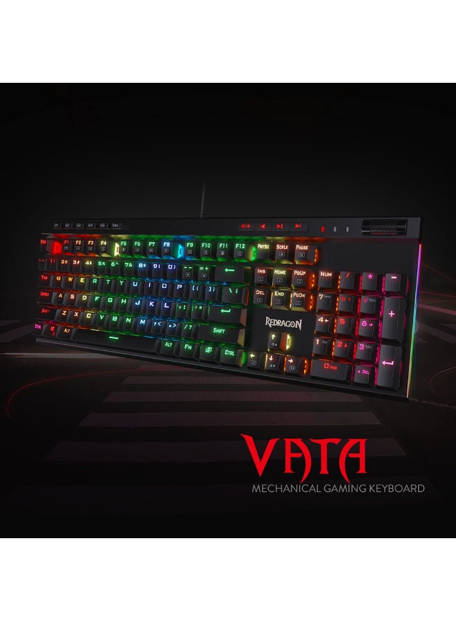ريدراجون - لوحة مفاتيح فاتا ميكانيكية للألعاب بإضاءة خلفية LED بألوان RGB طراز 580 من ريد دراجون، وبسويتشات زرقاء، تتألف من 104 زر بميزة الاستجابة للضغط على عدة أزرار وبأزرار ماكرو وبتحكم مُخصص للوسائط المتعددة، وأزرار تسجيل للماكرو موجودة على سطح لوحة المفاتيح - Image 1