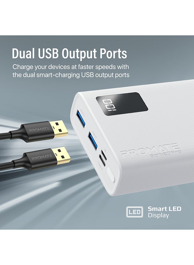 20000 mAh Bolt Compact Smart Charging Power Bank With Dual USB-A & USB-C Output 10W White