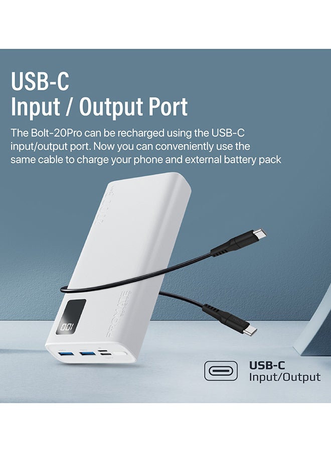 20000 mAh Bolt Compact Smart Charging Power Bank With Dual USB-A & USB-C Output 10W White