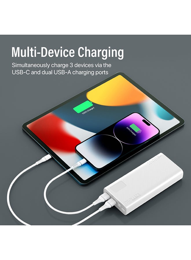 20000 mAh Bolt Compact Smart Charging Power Bank With Dual USB-A & USB-C Output 10W White