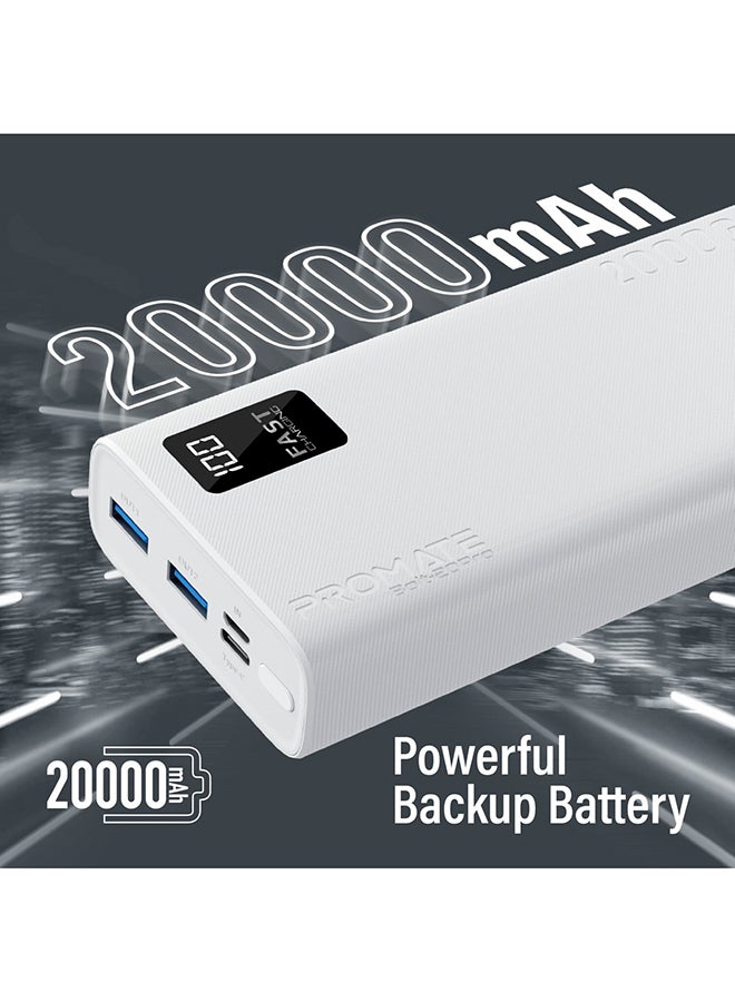 20000 mAh Bolt Compact Smart Charging Power Bank With Dual USB-A & USB-C Output 10W White