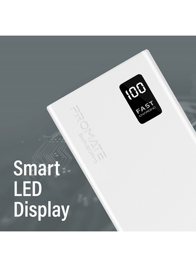 20000 mAh Bolt Compact Smart Charging Power Bank With Dual USB-A & USB-C Output 10W White