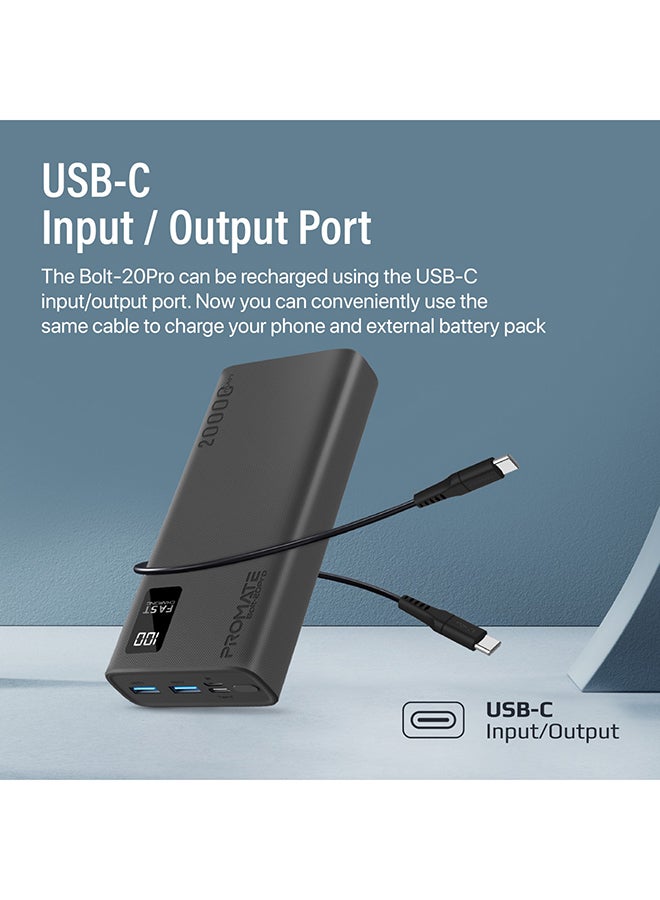 PROMATE - 20000 mAh Bolt 20000mAh Compact Smart Charging Power Bank with Dual USB-A & USB-C Output 10W Black - Image 1