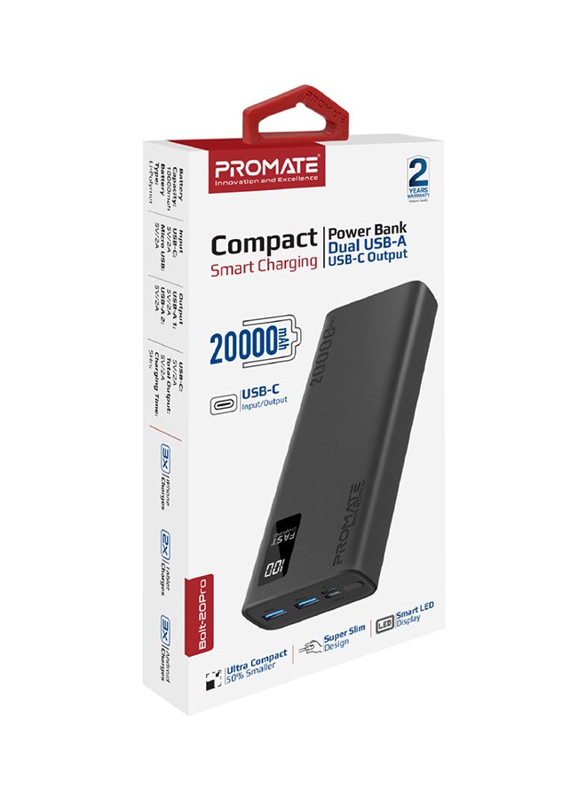 PROMATE - 20000 mAh Bolt 20000mAh Compact Smart Charging Power Bank with Dual USB-A & USB-C Output 10W Black - Image 1