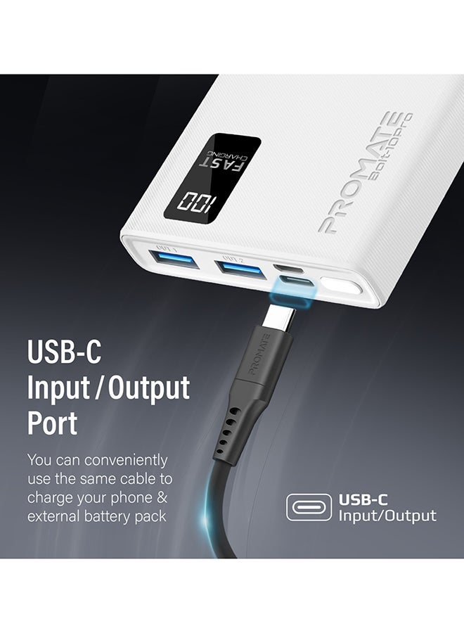10000.0 mAh Bolt 10000mAh Compact Smart Charging Power Bank with Dual USB-A & USB-C Output 10W White