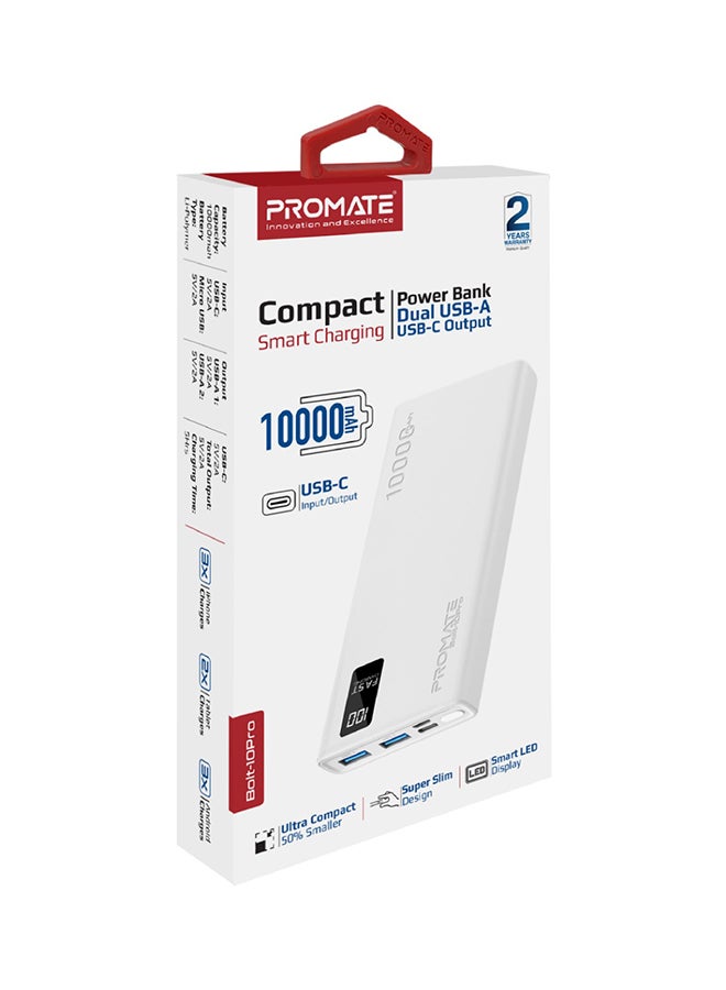 10000.0 mAh Bolt 10000mAh Compact Smart Charging Power Bank with Dual USB-A & USB-C Output 10W White