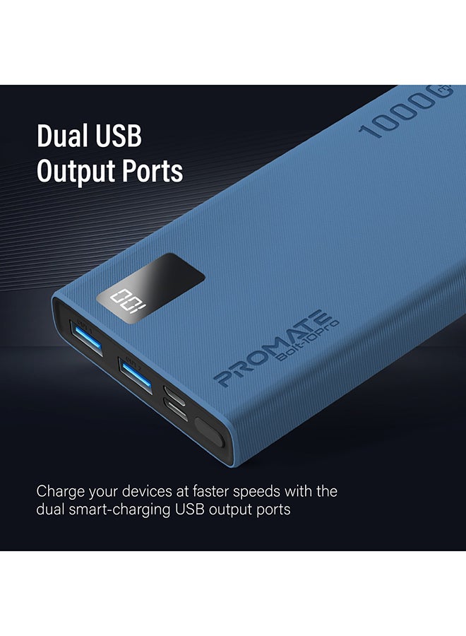 PROMATE 10000 mAh 10000mAh Compact Smart Charging Power Bank with Dual USB-A & USB-C Output 10W Blue - Image 3