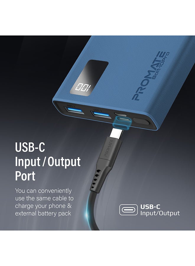PROMATE 10000 mAh 10000mAh Compact Smart Charging Power Bank with Dual USB-A & USB-C Output 10W Blue - Image 4