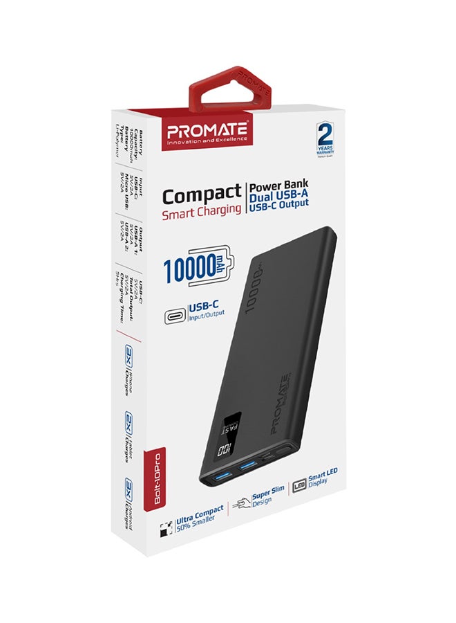 PROMATE - 10000 mAh 10000mAh Compact Smart Charging Power Bank with Dual USB-A & USB-C Output 10W Black - Image 1