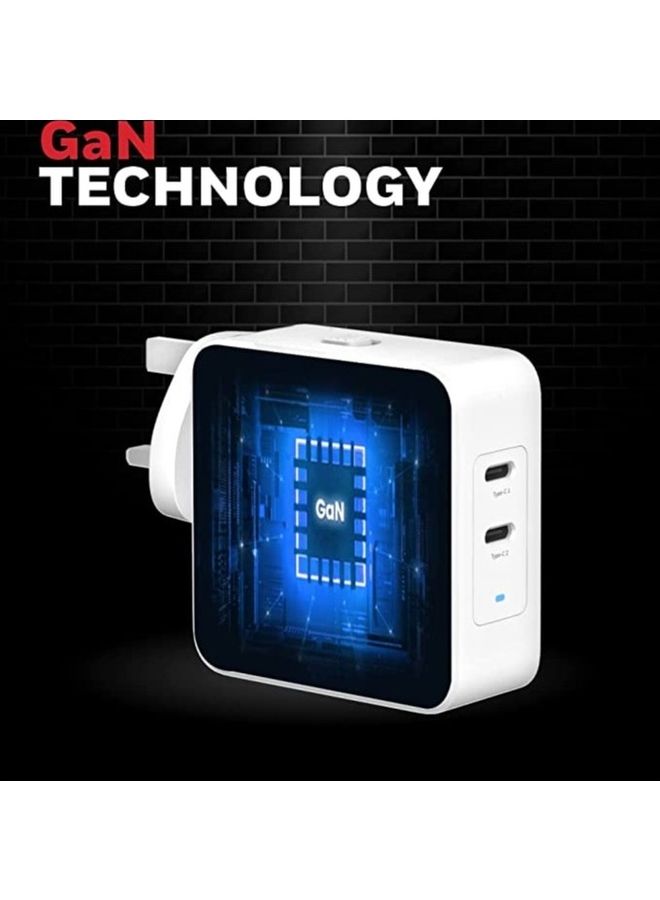 Gan 65W Ultrafast Laptop Charger Dual Usbc For Laptop Dell Hp Macbook Oneplus Ipad Iphone 16/15/14/13/12/11 Google Pixel And Samsung Galaxy 3 Yrs Manufacturer Warranty White White