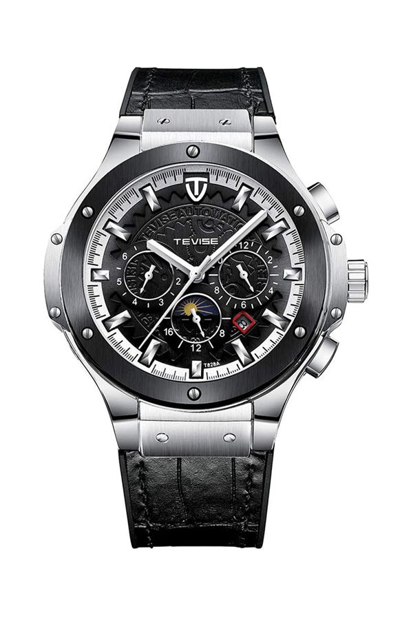 Tevise Men's Chronograph Watch With Leather Strap T828A/BW - 49 mm - Black - Image 1