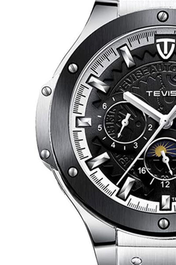 Tevise Men's Chronograph Watch With Leather Strap T828A/BW - 49 mm - Black - Image 4