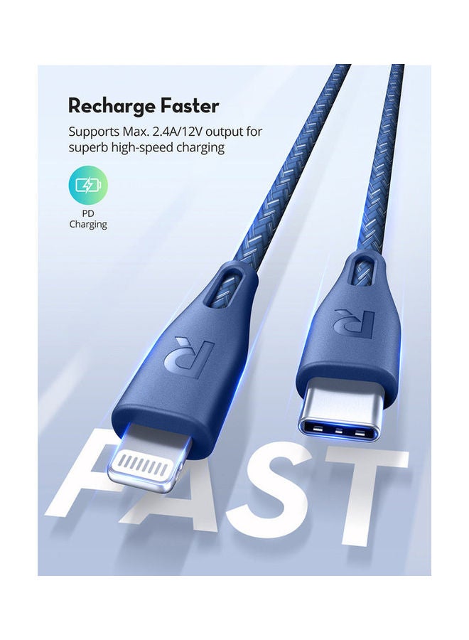 RAVPOWER MFi Certified Nylon TypeC To Lightning Charging Cable 12M Blue  - Image 2