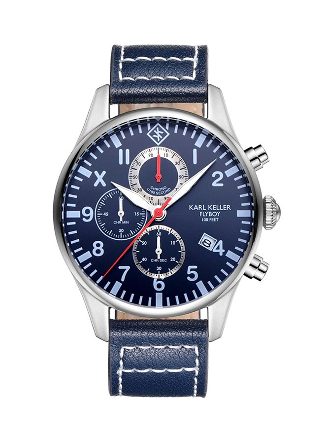 كارل كيلر ساعة يد كرونوغراف بسوار من الجلد طراز KKAV8202 - قياس 43 مم - لون أزرق للرجال - Image 1