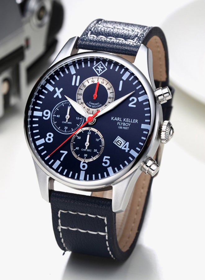كارل كيلر ساعة يد كرونوغراف بسوار من الجلد طراز KKAV8202 - قياس 43 مم - لون أزرق للرجال - Image 2