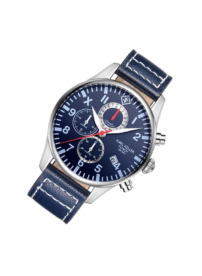 كارل كيلر ساعة يد كرونوغراف بسوار من الجلد طراز KKAV8202 - قياس 43 مم - لون أزرق للرجال - Image 5