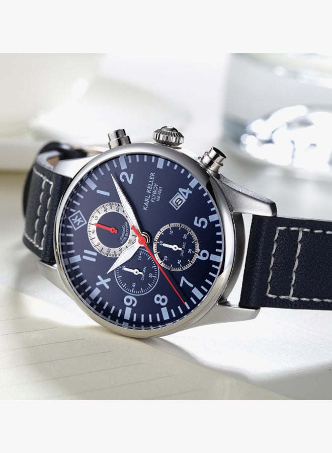 كارل كيلر ساعة يد كرونوغراف بسوار من الجلد طراز KKAV8202 - قياس 43 مم - لون أزرق للرجال - Image 3