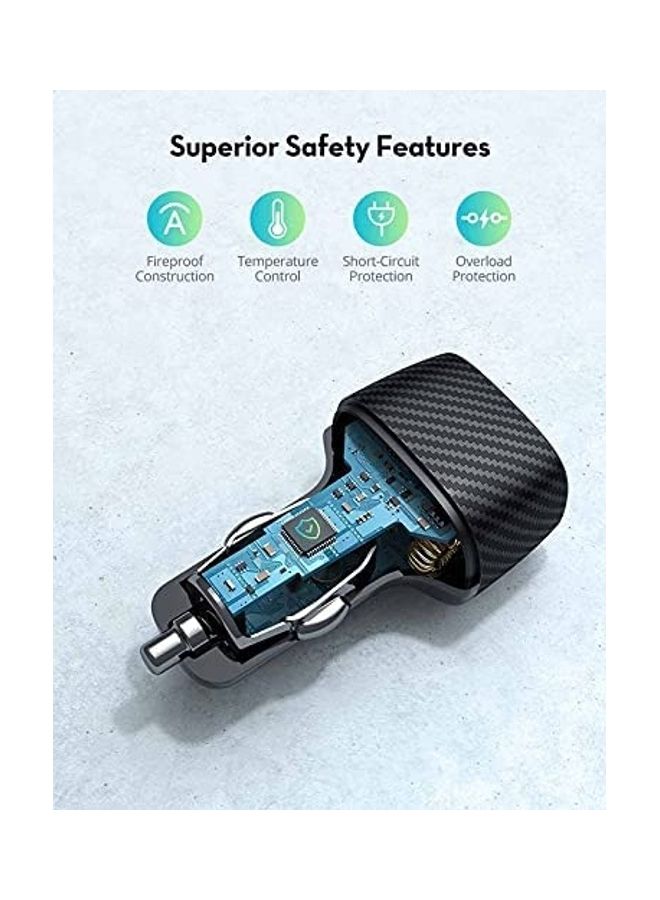 RAVPOWER Dual Port QC 24W With PD 36W Car Charger Black  - Image 3