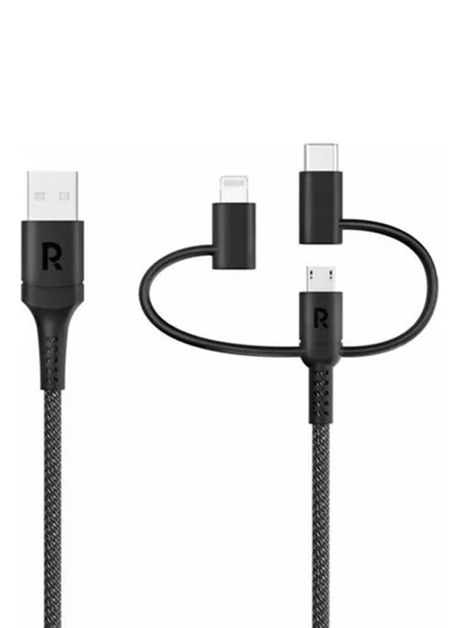 RAVPOWER - MFi Certified 3 In1 Global USB Micro With Type C And Lightning Charging Cable 12M Black - Image 1