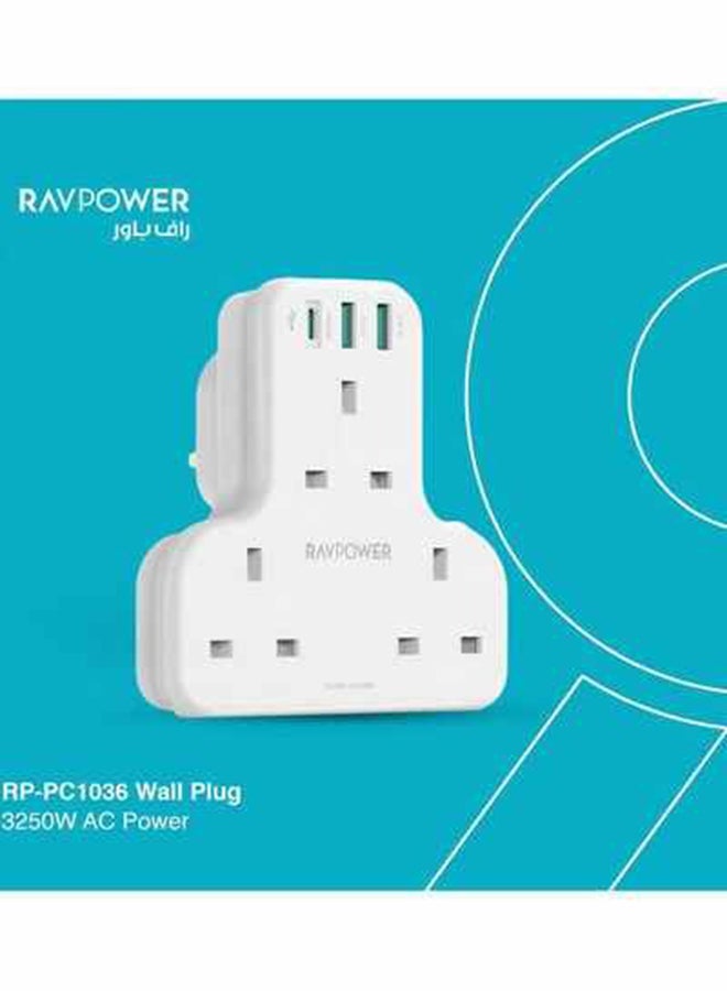 راف باور - شاحن جداري راف باور بايونير 3 مداخل طاقه ثلاثيه مع منفذين USB ومنفذ تايب سي بتقنية PD بقوة 20 واط لون أبيض - Image 1