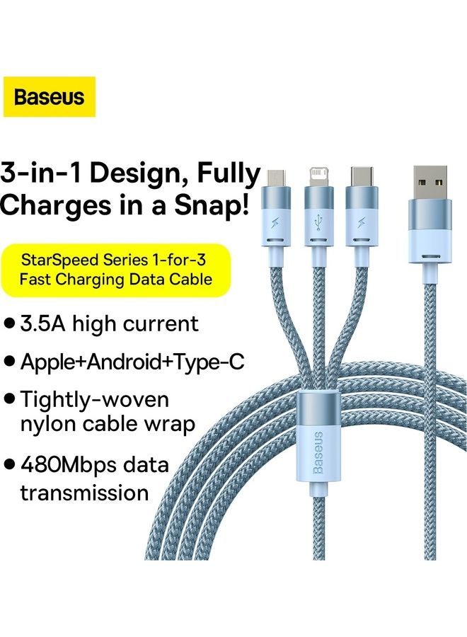 Baseus - 3 in 1 Multi Charging Cable, Nylon Braided USB to Lightning And USB-C Multi Charger Cord for Multiple Devices Apple + Android Fast Charger Cable for iPhone 14/13/12/11/8/iPad Pro, Samsung Series 1.2M Blue - Image 1