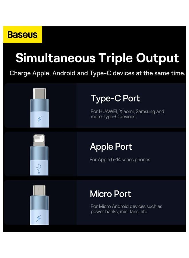 Baseus - 3 in 1 Multi Charging Cable, Nylon Braided USB to Lightning And USB-C Multi Charger Cord for Multiple Devices Apple + Android Fast Charger Cable for iPhone 14/13/12/11/8/iPad Pro, Samsung Series 1.2M Blue - Image 1
