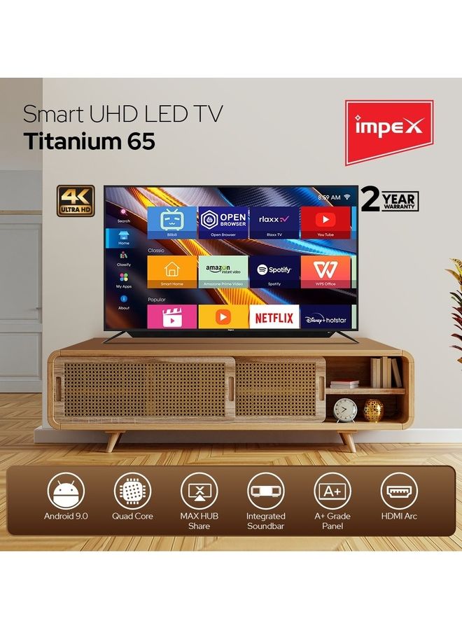 Impex - 65 Inch 4K Ultra HD Smart Android LED TV, Built-in Soundbar, A+ Grade Panel, Mirror Cast, HDMI\USB\Wi-Fi Input, Netflix, YouTube, Disney+, Apple TV+, Starz Play Arabia IX65UHDS Black - Image 1