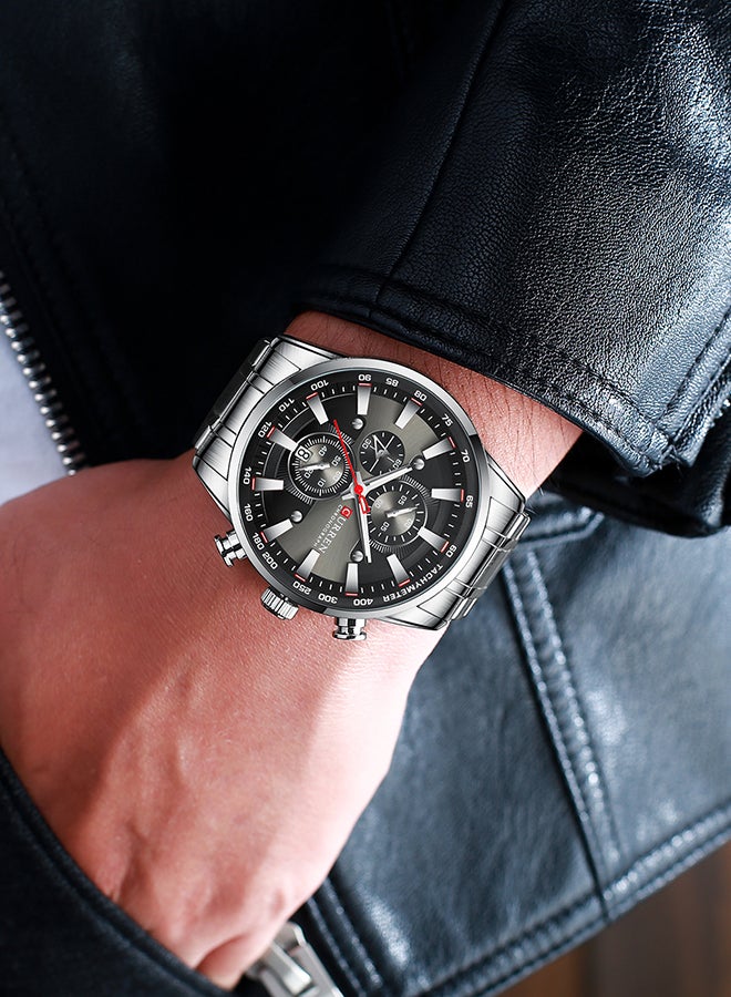 كارين ساعة يد كوارتز كاجوال كرونوغراف مقاومة للماء بسوار من الستانلس ستيل طراز 8351 - قياس 47 مم - لون فضي للرجال - Image 3