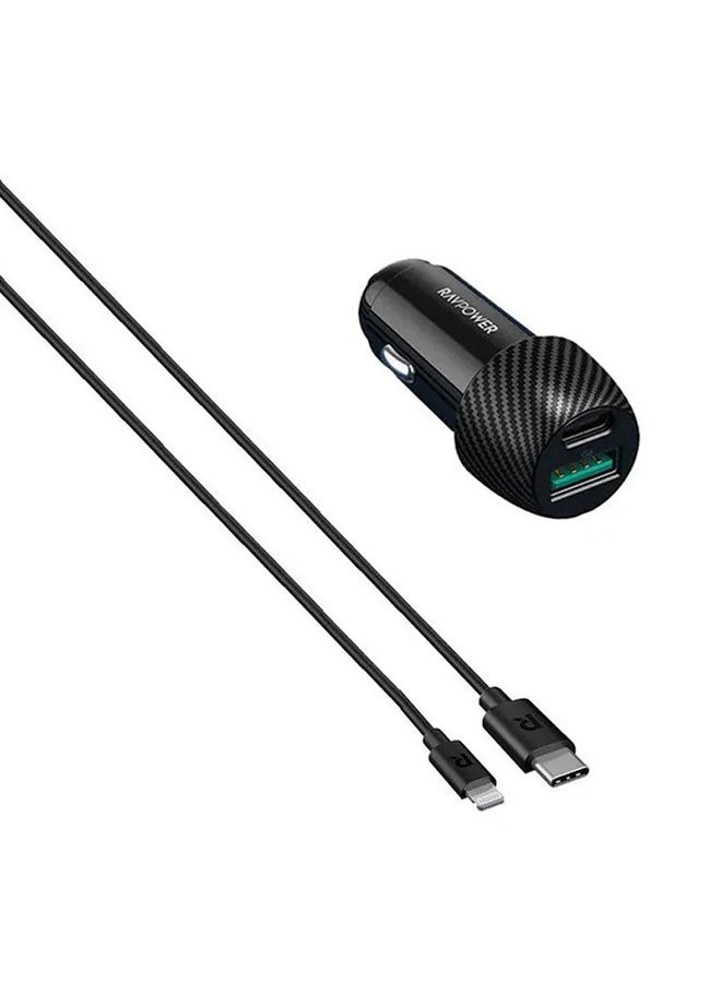 RAVPOWER MFi Certified Combo Car Charger 49W With Lightning Cable 1M Black  - Image 1