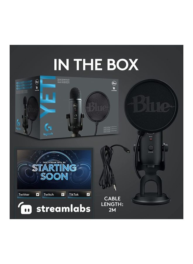 Logitech - Blue Yeti Game Streaming USB Condenser Microphone Kit With Voice Exclusive Stream Labs Themes Custom Pop Filter 988-000521 Black - Image 1