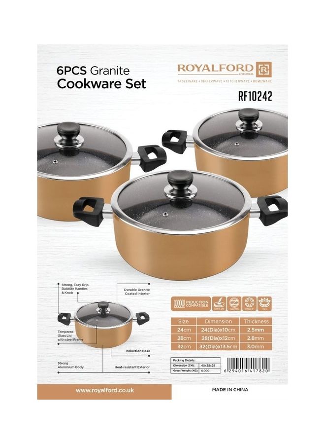 Royalford - 6 Piece Granite Coated Aluminum  Cookware Set Induction Compatible With Glass Lid Brown 40x38x28cm - Image 1