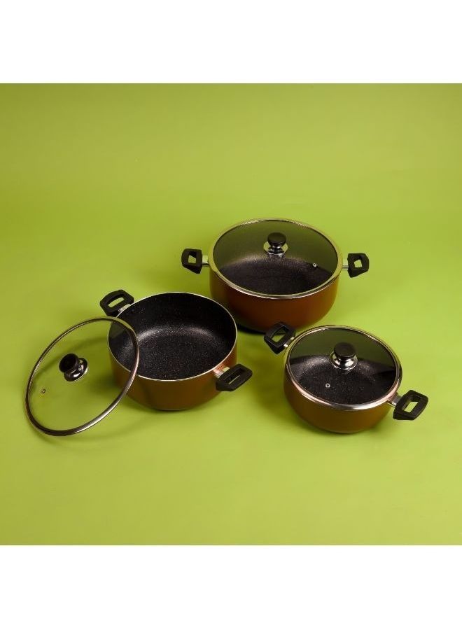 Royalford - 6 Piece Granite Coated Aluminum  Cookware Set Induction Compatible With Glass Lid Brown 40x38x28cm - Image 1