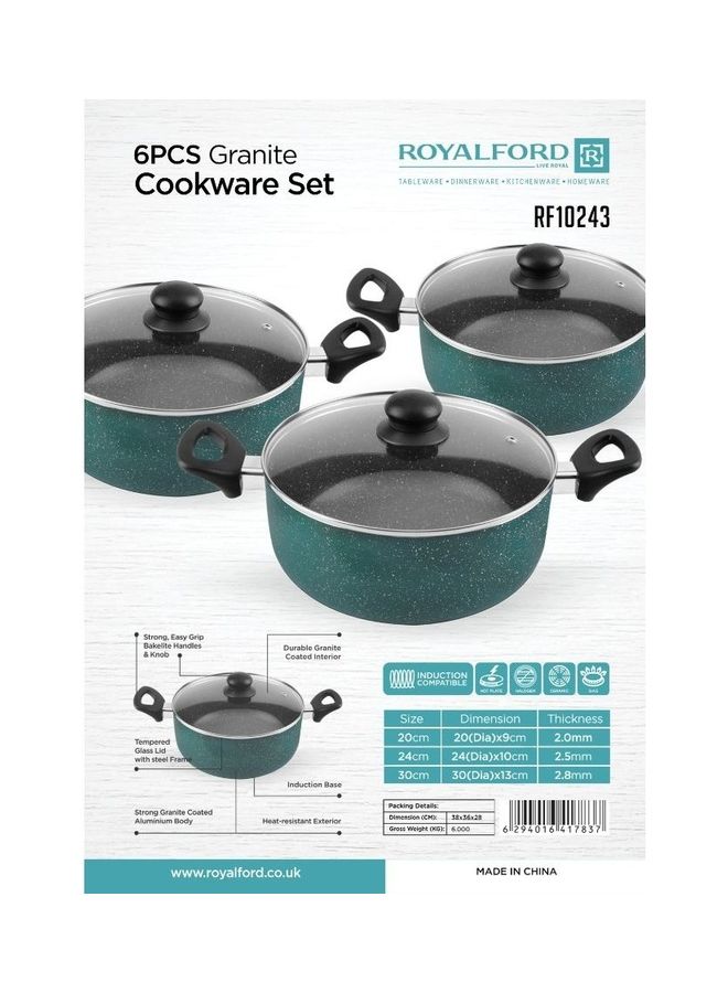 Royalford 6 Piece Granite Cookware Set Induction Compatible With Glass Lid Green 38x36x28cm  - Image 5