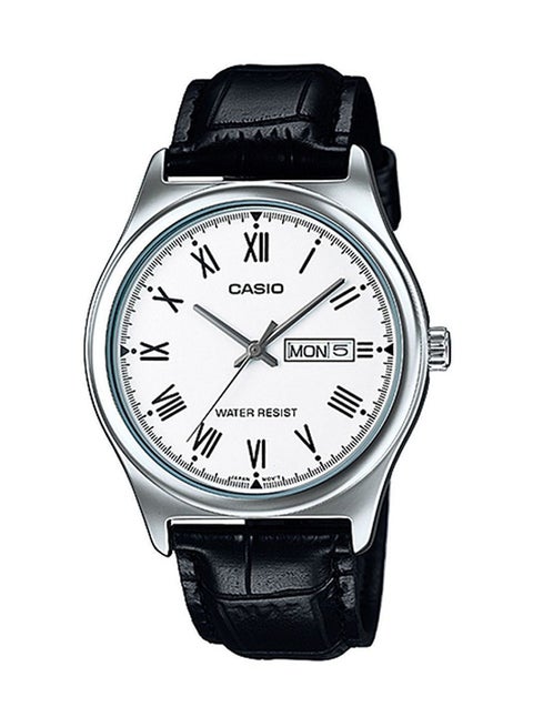 Men's Leather Analog Quartz Watch MTP-V006L-7BUDF - 38 mm - Black