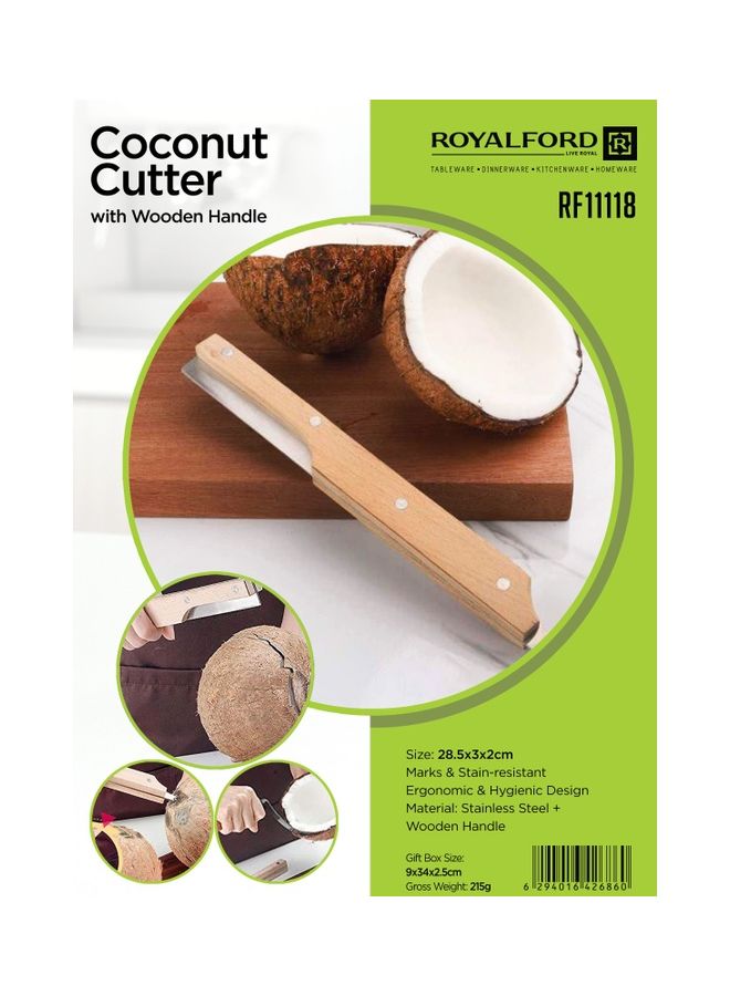 Royalford - Coconut Cutter with Wooden Handle Coconut Driller Coconut Opener Knife Coconut Water Opener Helps Remove Coconut Flesh from Shell Coconut Splitter/Peeler/Scraper Silver/Brown - Image 1