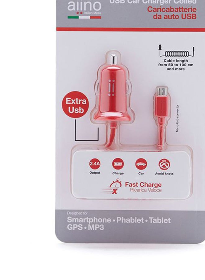 آينو شاحن سيارة 2.4 أمبير مع كابل MicroUSB مُلتف مُدمج أحمر - Image 2