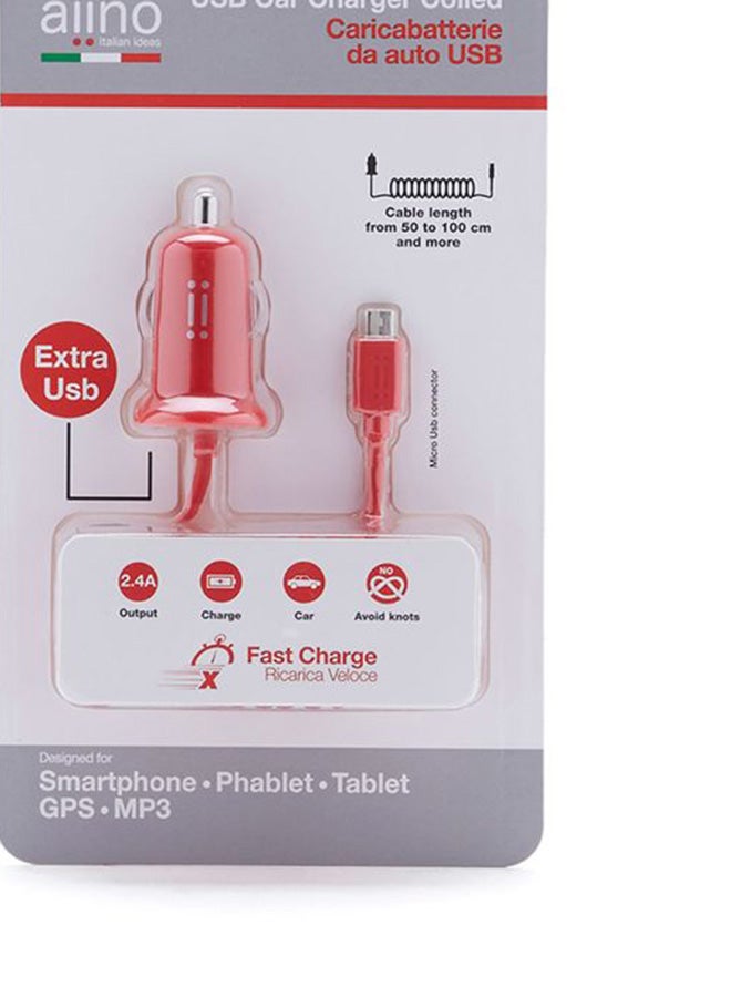 آينو شاحن سيارة 2.4 أمبير مع كابل MicroUSB مُلتف مُدمج أحمر - Image 3