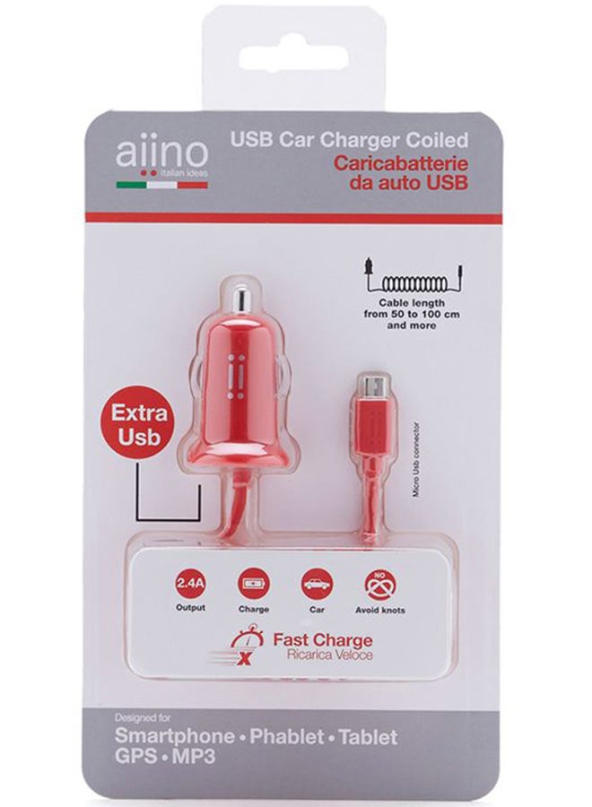 آينو شاحن سيارة 2.4 أمبير مع كابل MicroUSB مُلتف مُدمج أحمر - Image 4