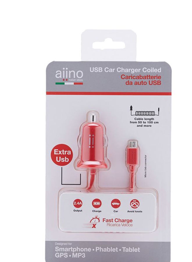 آينو شاحن سيارة 2.4 أمبير مع كابل MicroUSB مُلتف مُدمج أحمر - Image 5