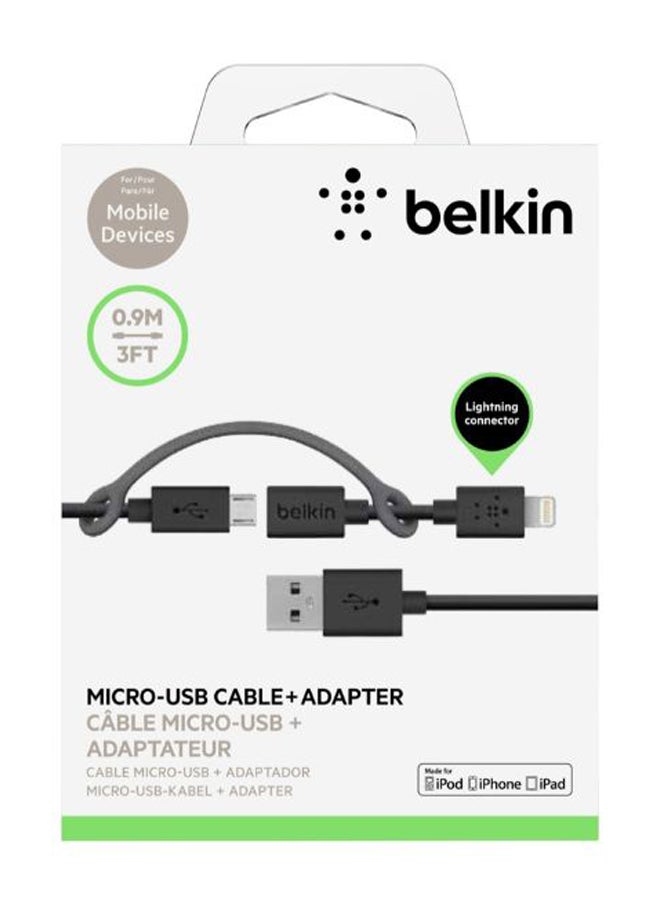 Micro Sub Cable With USB Connector Adapter Black/Silver