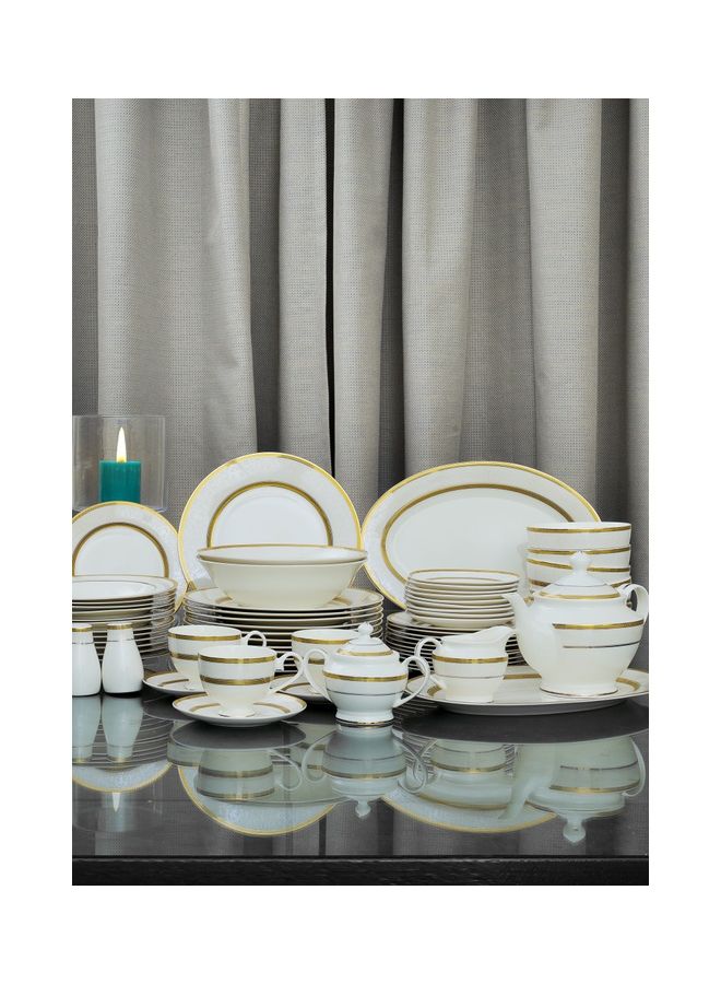 Royalford 83-Piece Premium Bone China Dinner Set With 2X36Cm Oval Plates,12X25Cm Dinner Plates,12X22Cm Soup Plates,12X20Cm Flat Plates,2X23Cm Salad Bowls,12X14Cm Bowls,12X200ml Cups & Saucers,Salt & Pepper Pots,Creamer,Sugar & Tea Pot,Serves 12,White Premium  - Image 3