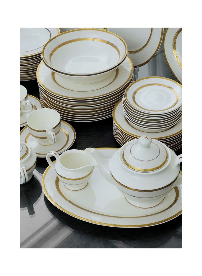Royalford 83-Piece Premium Bone China Dinner Set With 2X36Cm Oval Plates,12X25Cm Dinner Plates,12X22Cm Soup Plates,12X20Cm Flat Plates,2X23Cm Salad Bowls,12X14Cm Bowls,12X200ml Cups & Saucers,Salt & Pepper Pots,Creamer,Sugar & Tea Pot,Serves 12,White Premium  - Image 2