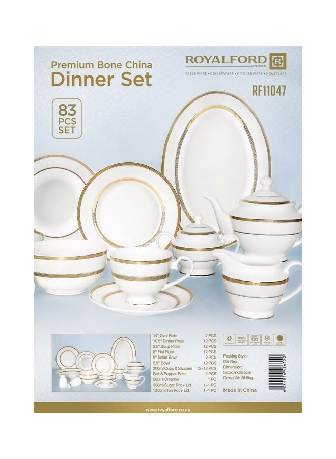 Royalford 83-Piece Premium Bone China Dinner Set With 2X36Cm Oval Plates,12X25Cm Dinner Plates,12X22Cm Soup Plates,12X20Cm Flat Plates,2X23Cm Salad Bowls,12X14Cm Bowls,12X200ml Cups & Saucers,Salt & Pepper Pots,Creamer,Sugar & Tea Pot,Serves 12,White Premium  - Image 5