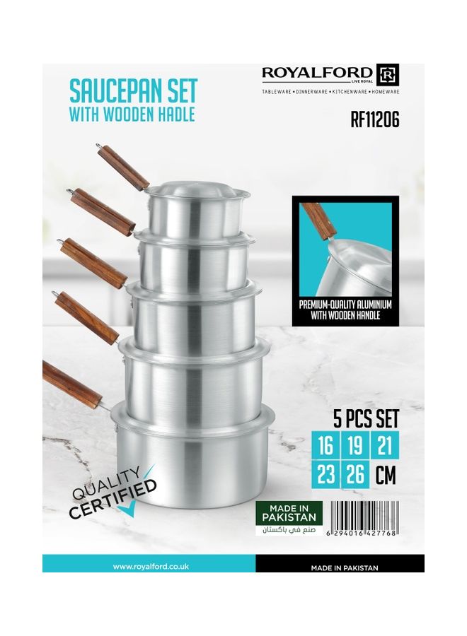 Royalford Royalford 10-Piece Aluminium Saucepan Set- RF11206| Saucepan with Lid| Premium-Quality Aluminium Saucepan with Wooden Handle Aluminium 10-Piece  - Image 5