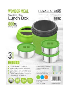 Royalford Wonder Meal Lunch Box With 3 Containers assorted- RF11693| Round Boxes With Stainless Steel Inner And Super PU Insulation| Premium-Quality, 100% Food-Grade, BPA-Free, Airtight Container Assorted Colors 800ml  - Image 2