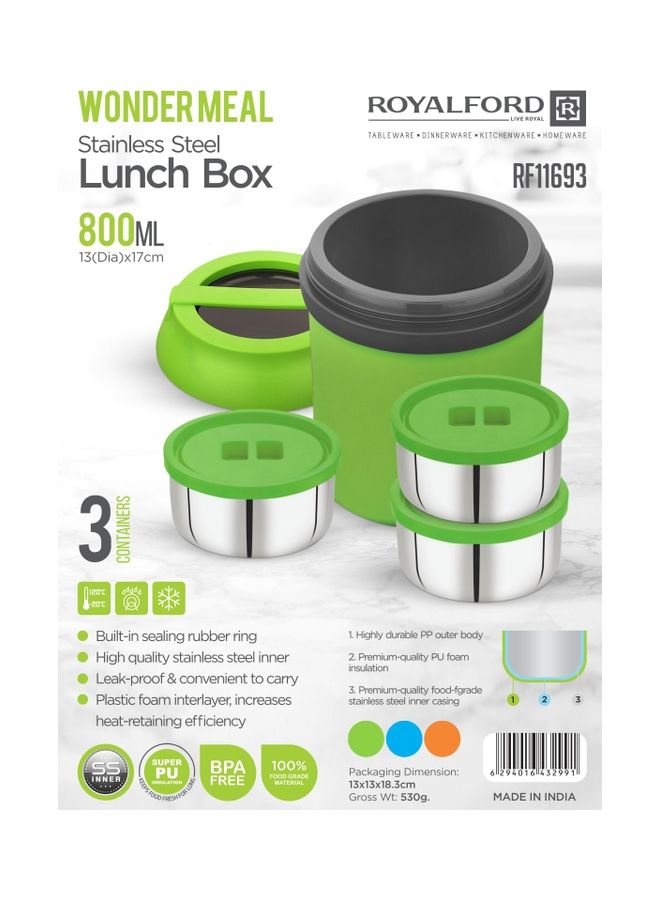 Royalford - Wonder Meal Lunch Box With 3 Containers assorted- RF11693| Round Boxes With Stainless Steel Inner And Super PU Insulation| Premium-Quality, 100% Food-Grade, BPA-Free, Airtight Container Assorted Colors 800ml - Image 1